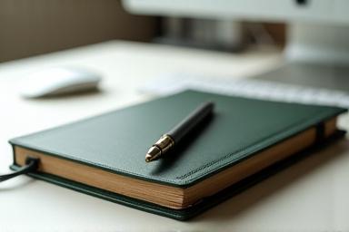 Agenda elegante e penna su scrivania